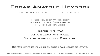 Traueranzeige von Edgar Anatole Heydock von VRM Tageszeitungen