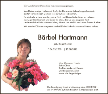 Traueranzeige von Bärbel Hartmann von vrm-trauer