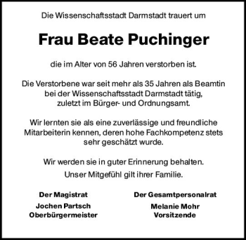 Traueranzeige von Beate Puchinger von vrm-trauer