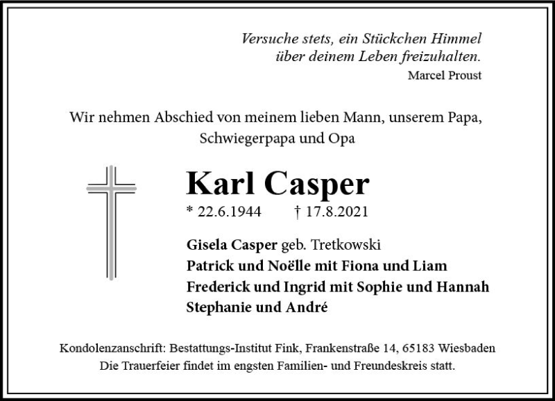 Traueranzeige für Bestattungen Casper vom 21.08.2021 aus vrm-trauer