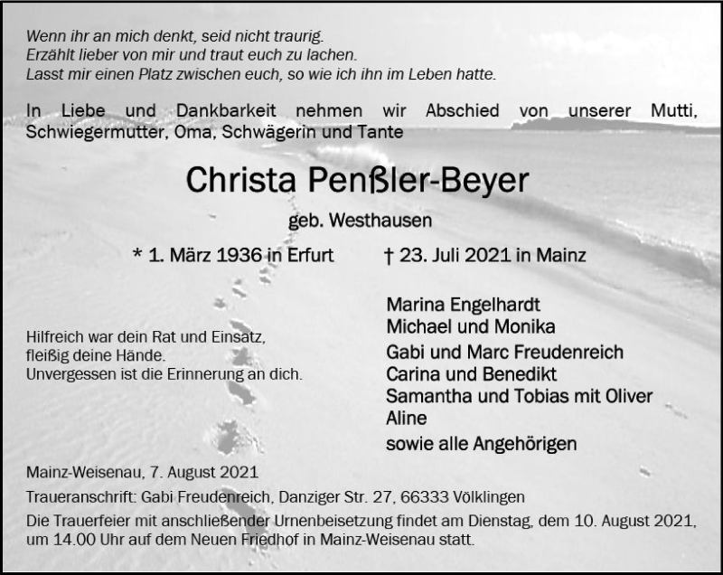  Traueranzeige für Christa Penßler-Beyer vom 07.08.2021 aus vrm-trauer