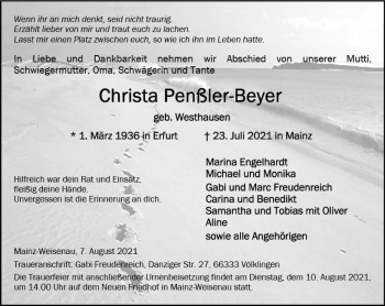 Traueranzeige von Christa Penßler-Beyer von vrm-trauer