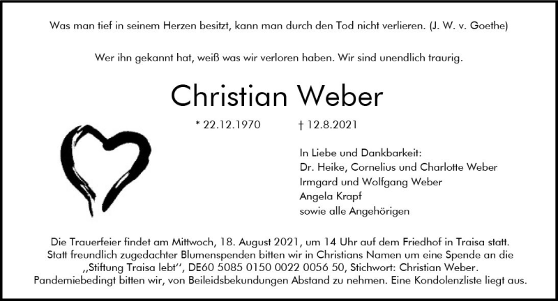  Traueranzeige für Christian Weber vom 17.08.2021 aus vrm-trauer
