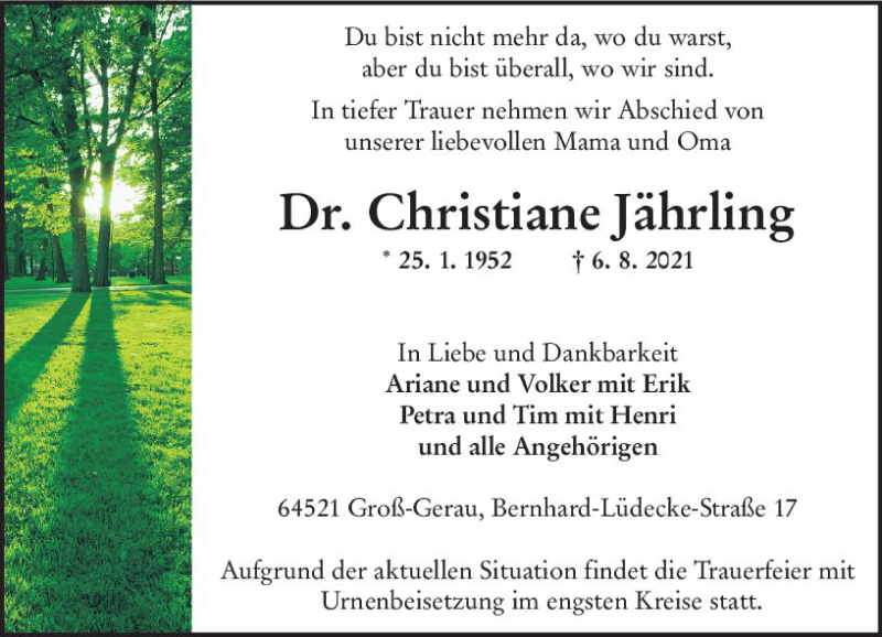  Traueranzeige für Christiane Jährling vom 14.08.2021 aus vrm-trauer