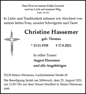 Traueranzeige von Christine Hassemer von vrm-trauer