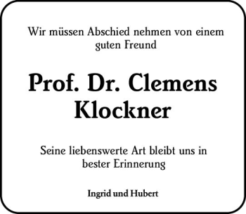 Traueranzeige von Clemens Klockner von vrm-trauer