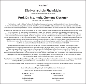 Traueranzeige von Clemens Klockner von vrm-trauer