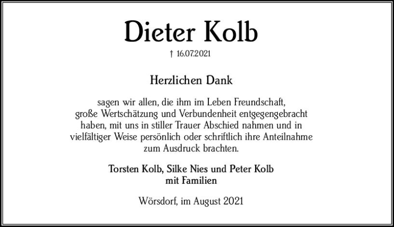  Traueranzeige für Dieter Kolb vom 21.08.2021 aus vrm-trauer