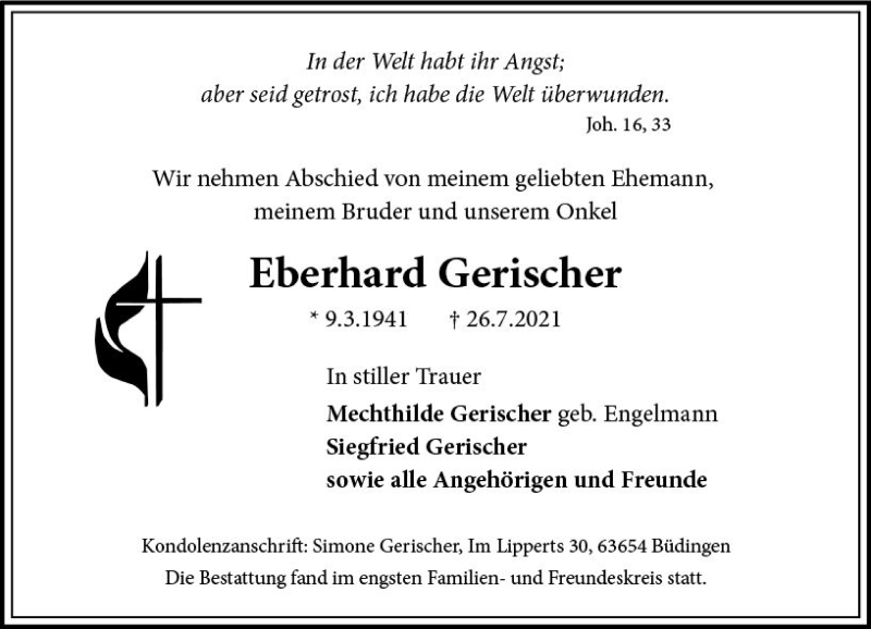  Traueranzeige für Eberhard Gerischer vom 21.08.2021 aus vrm-trauer