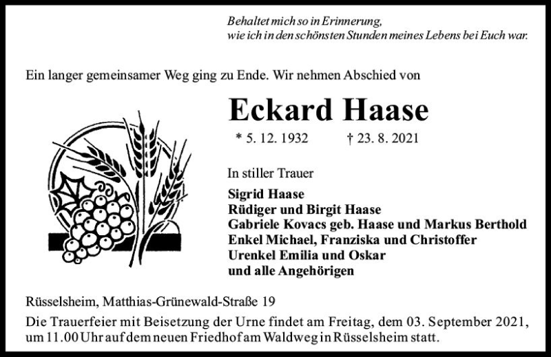  Traueranzeige für Eckard Haase vom 28.08.2021 aus vrm-trauer