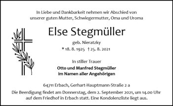 Traueranzeige von Else Stegmüller von vrm-trauer