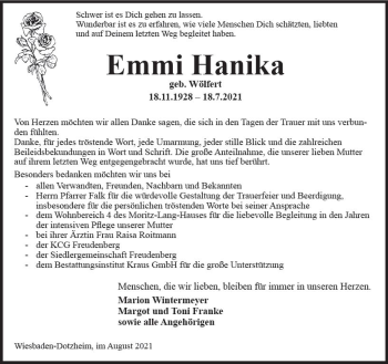 Traueranzeige von Emmi Hanika von vrm-trauer