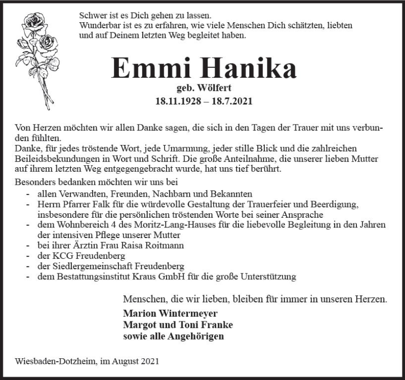  Traueranzeige für Emmi Hanika vom 07.08.2021 aus vrm-trauer