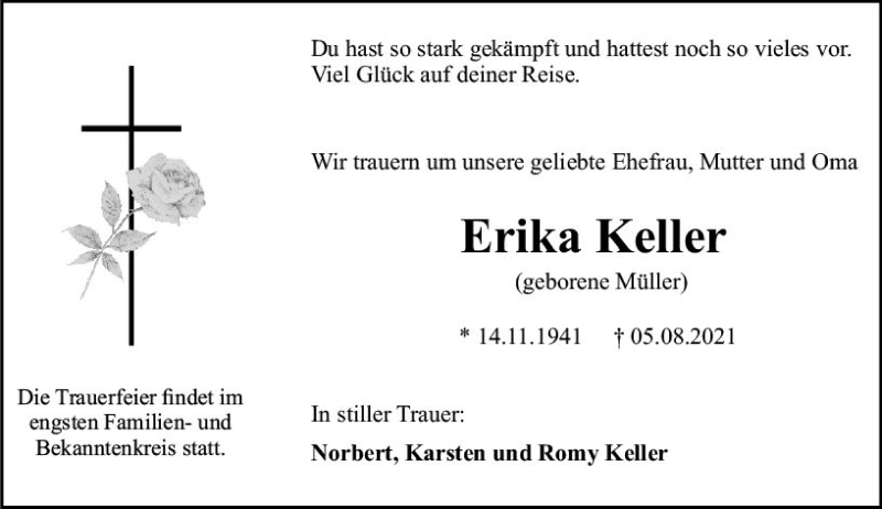  Traueranzeige für Erika keller vom 14.08.2021 aus vrm-trauer