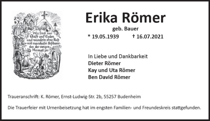  Traueranzeige für Erika Römer vom 07.08.2021 aus vrm-trauer