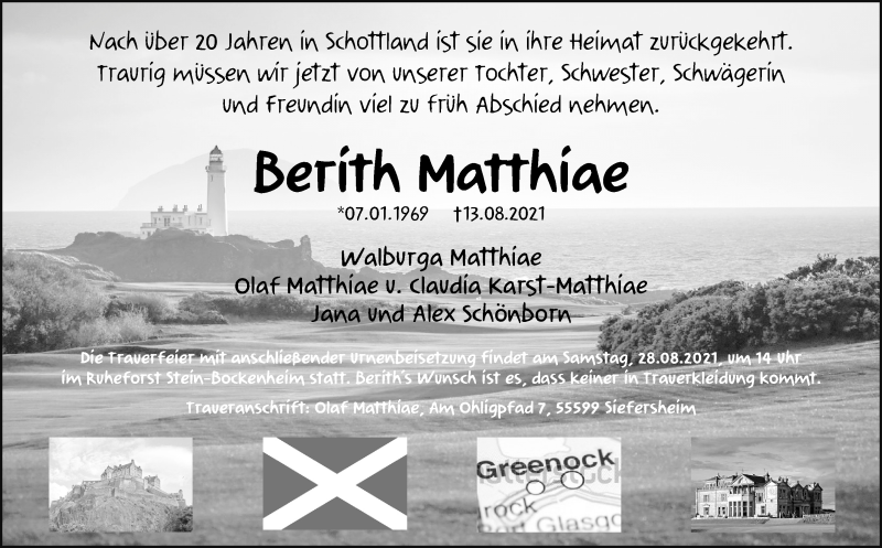  Traueranzeige für Berith Matthiae vom 21.08.2021 aus VRM Tageszeitungen
