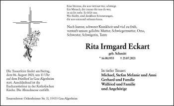 Traueranzeige von Rita Irmgard Eckart von VRM Tageszeitungen