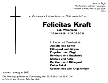 Traueranzeige von Felicitas Kraft von vrm-trauer