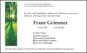 Traueranzeige von Franz Grimmer von vrm-trauer