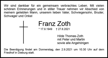 Traueranzeige von Franz Zoth von vrm-trauer