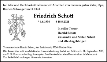 Traueranzeige von Friedrich Schott von vrm-trauer