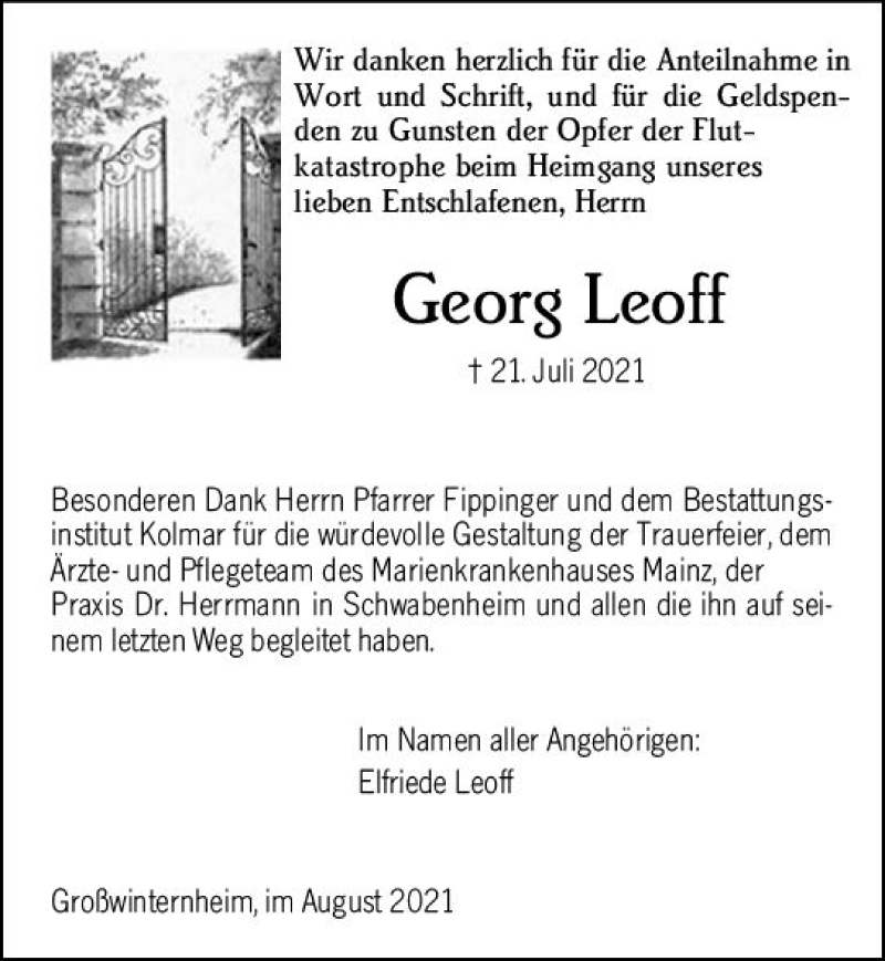  Traueranzeige für Georg Leoff vom 28.08.2021 aus vrm-trauer