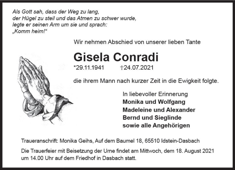  Traueranzeige für Gisela Conradi vom 14.08.2021 aus vrm-trauer