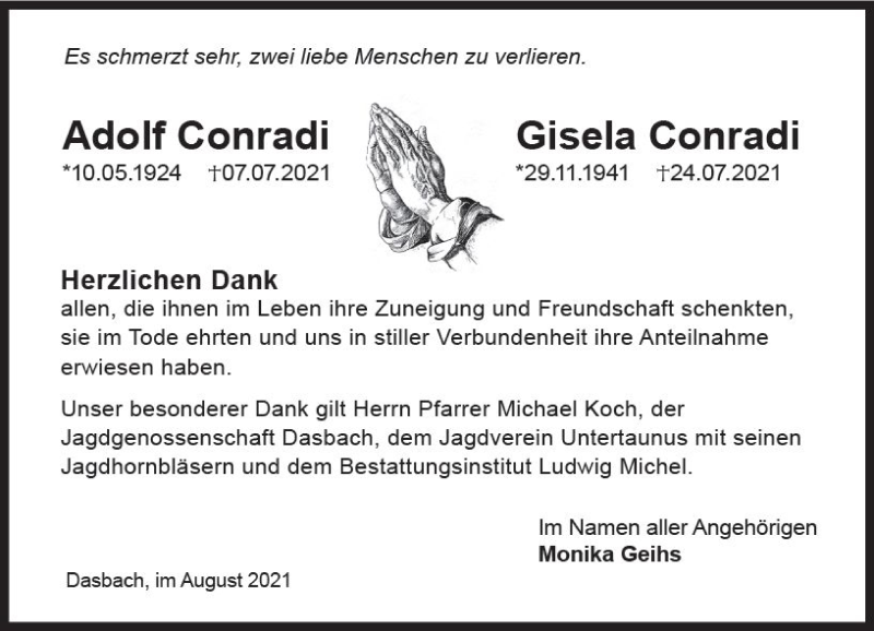  Traueranzeige für Gisela Conradi vom 28.08.2021 aus vrm-trauer