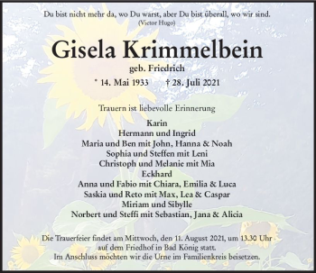 Traueranzeige von Gisela Krimmelbein von vrm-trauer