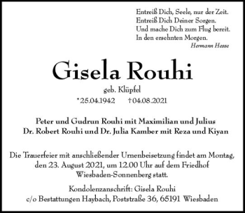 Traueranzeige von Gisela Rouhi von vrm-trauer
