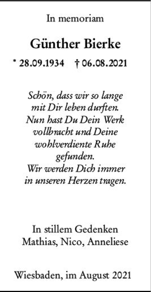  Traueranzeige für Günther Bierke vom 24.08.2021 aus vrm-trauer