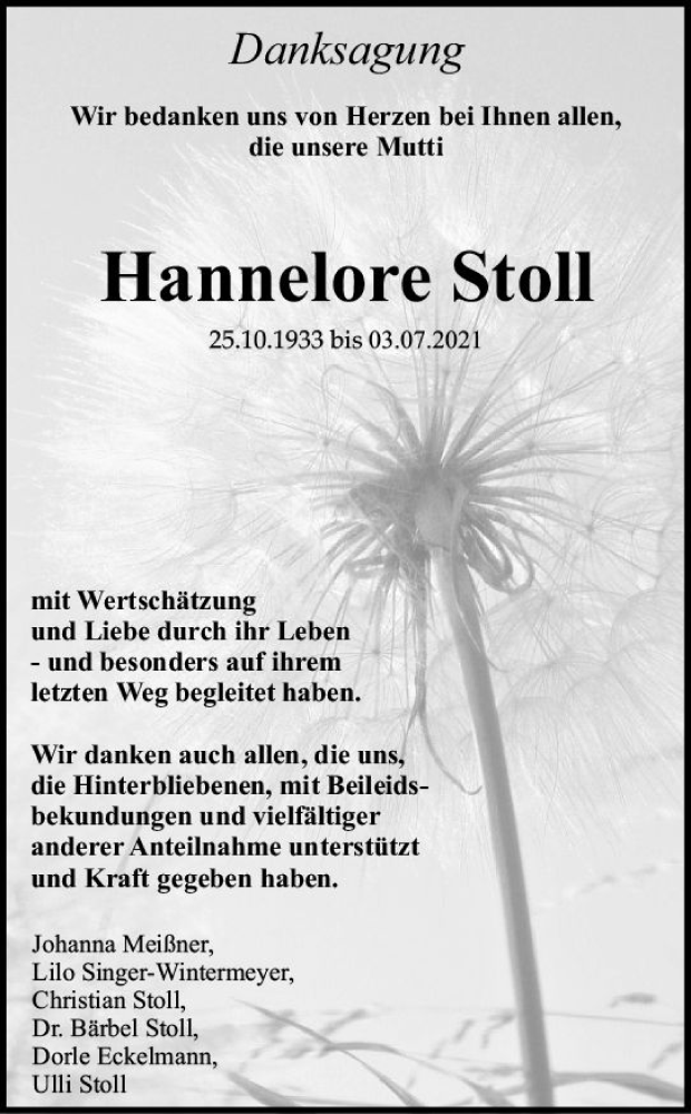  Traueranzeige für Hannelore Stoll vom 21.08.2021 aus vrm-trauer