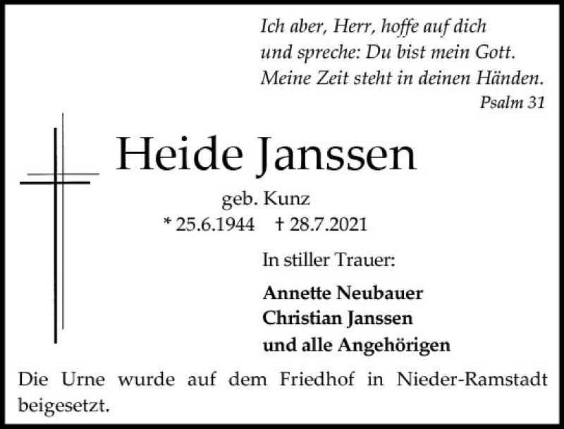  Traueranzeige für Heide Janssen vom 07.08.2021 aus vrm-trauer
