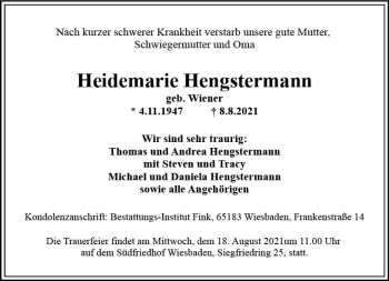 Traueranzeige von Heidemarie Hengstermann von vrm-trauer