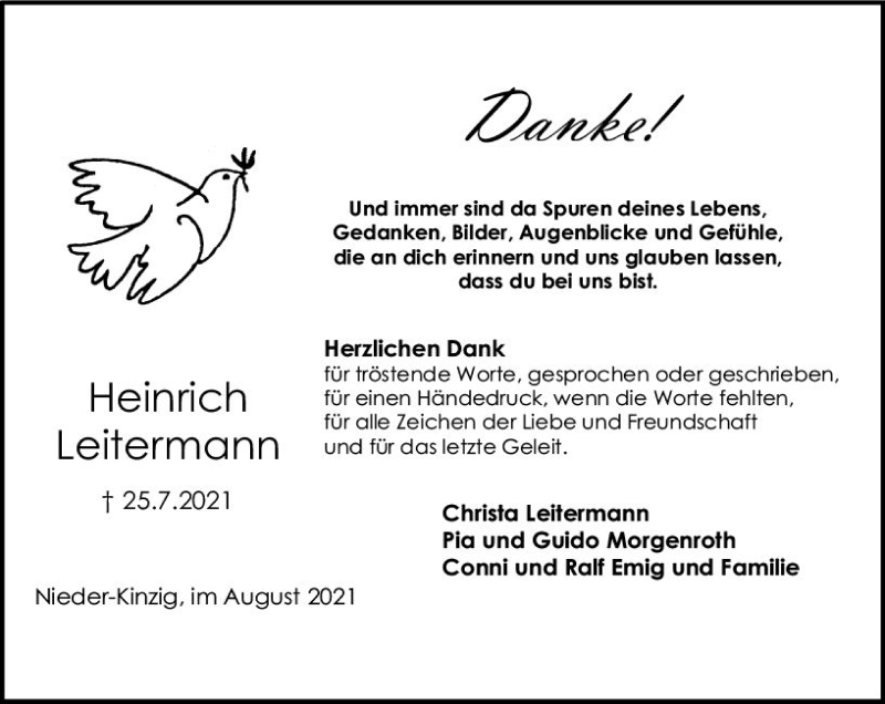  Traueranzeige für Heinrich Leitermann vom 21.08.2021 aus vrm-trauer