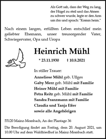 Traueranzeige von Heinrich Mühl von vrm-trauer
