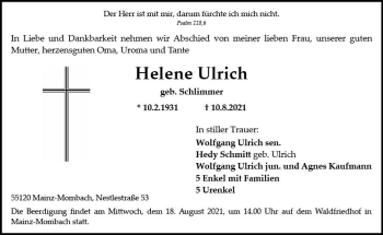 Traueranzeige von Helene Ulrich von vrm-trauer