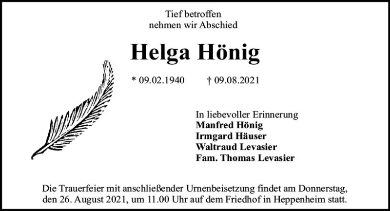  Traueranzeige für Helga Hönig vom 23.08.2021 aus vrm-trauer