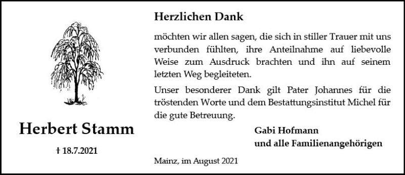  Traueranzeige für Herbert Stamm vom 14.08.2021 aus vrm-trauer
