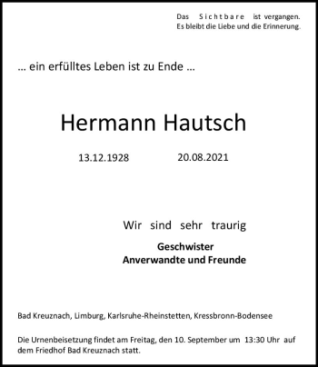 Traueranzeige von Hermann Hautsch von vrm-trauer