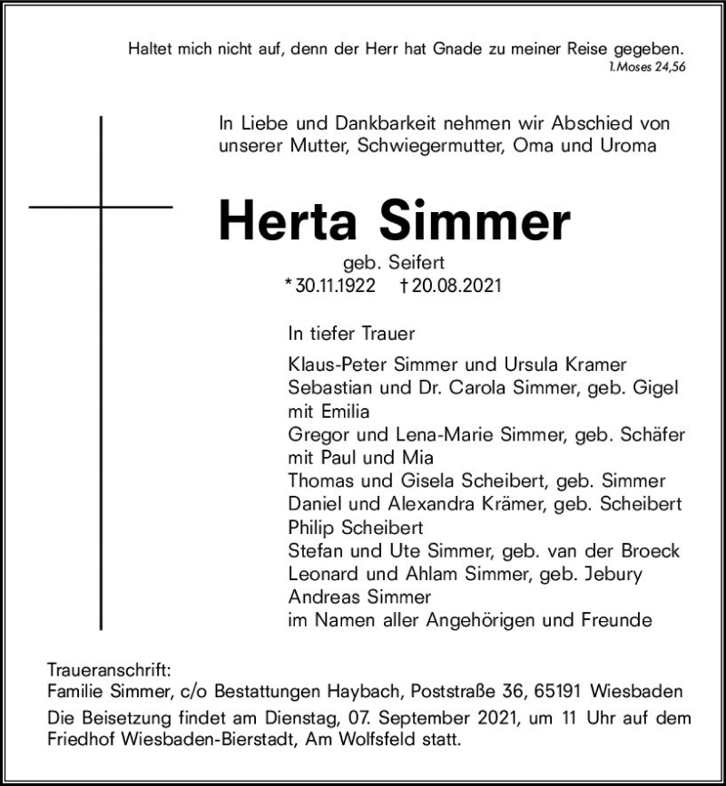  Traueranzeige für Herta Simmer vom 28.08.2021 aus vrm-trauer