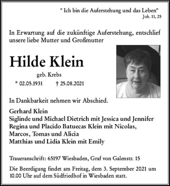 Traueranzeige von Hilde Klein von vrm-trauer