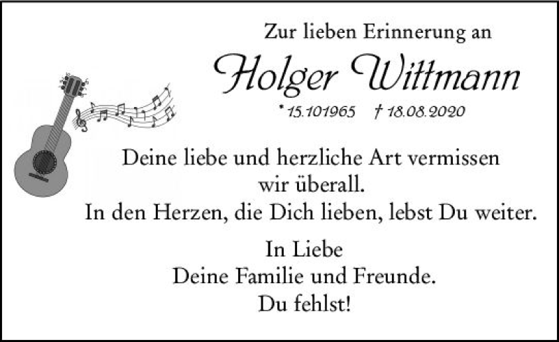 Traueranzeige für Holger Wittmann vom 21.08.2021 aus vrm-trauer