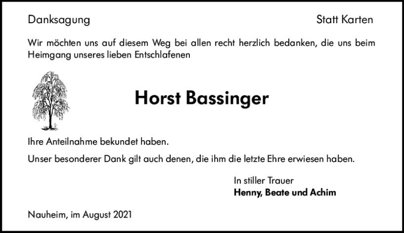  Traueranzeige für Horst Bassinger vom 28.08.2021 aus vrm-trauer