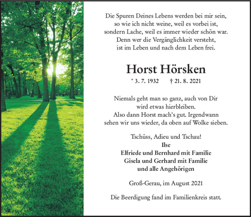  Traueranzeige für Horst Hörsken vom 28.08.2021 aus vrm-trauer