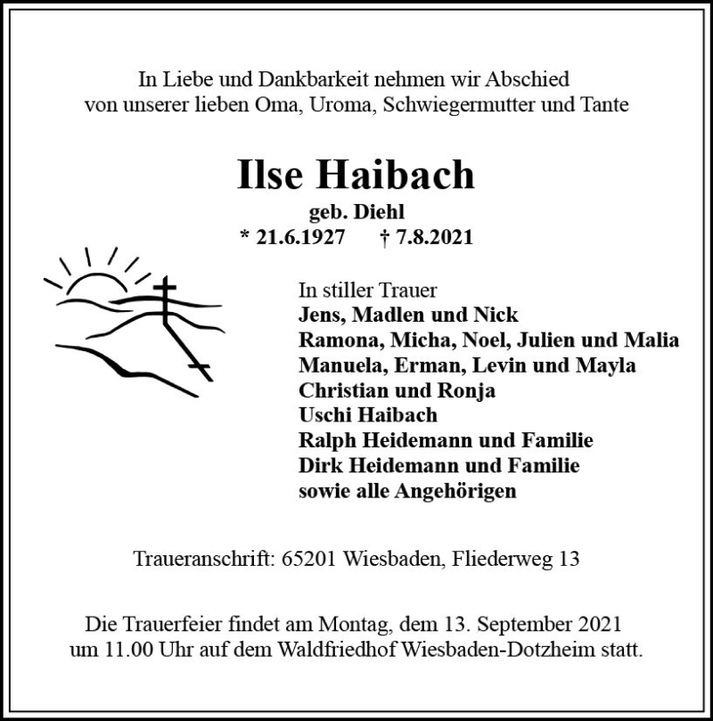  Traueranzeige für Ilse Haibach vom 14.08.2021 aus vrm-trauer