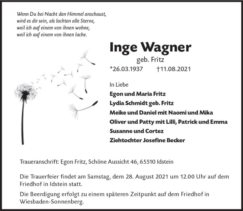  Traueranzeige für Inge Wagner vom 21.08.2021 aus vrm-trauer