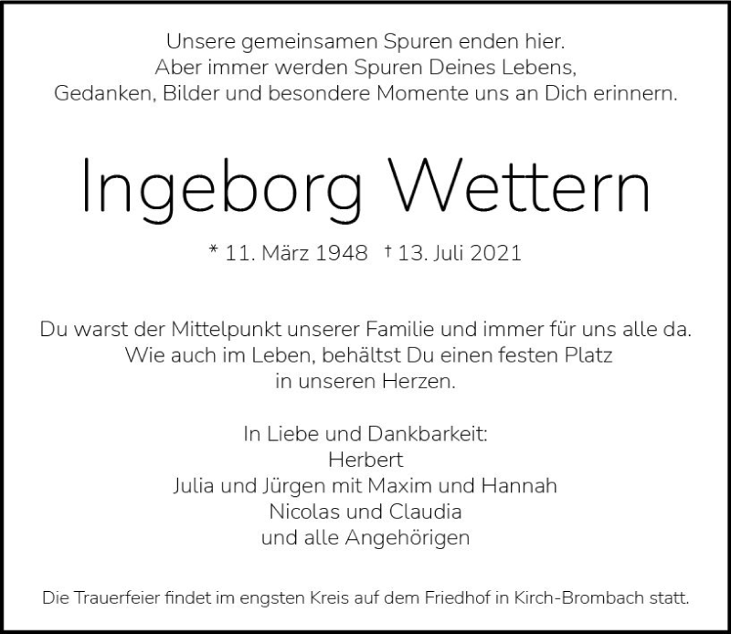  Traueranzeige für Ingeborg Wettern vom 07.08.2021 aus vrm-trauer
