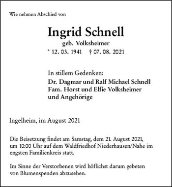Traueranzeige von Ingrid Schnell von vrm-trauer