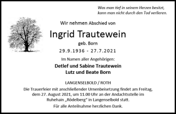 Traueranzeige von Ingrid Trautewein von vrm-trauer